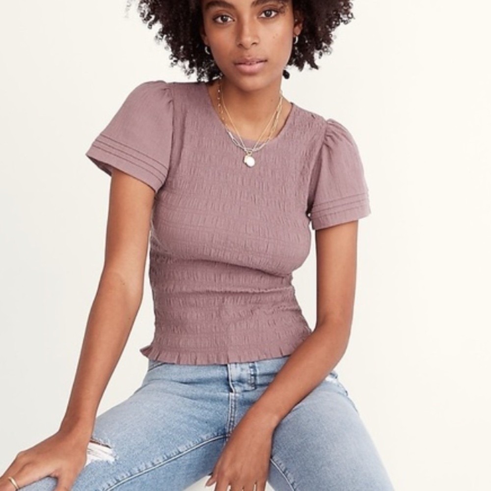 Madewell‎ Smocked Flutter Sleeve Lucie Top XXS Mauve Ruffle Hem Coquette Cottage
